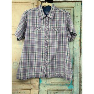 Cabela Womans Button Down with Pockets Short Sleeve  Large Purple | Blue Plaid